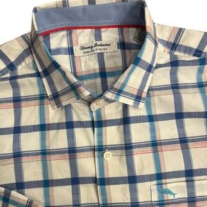 Tommy Bahama Button Down Men Medium Blue Plaid Sarasota Stretch Coolmax